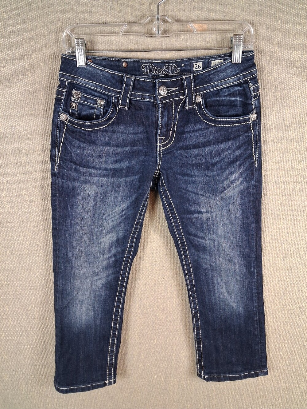 Miss Me Cuffed Capri Jeans Size 26 Blue Dark Wash Denim Distressed Crop Low Rise
